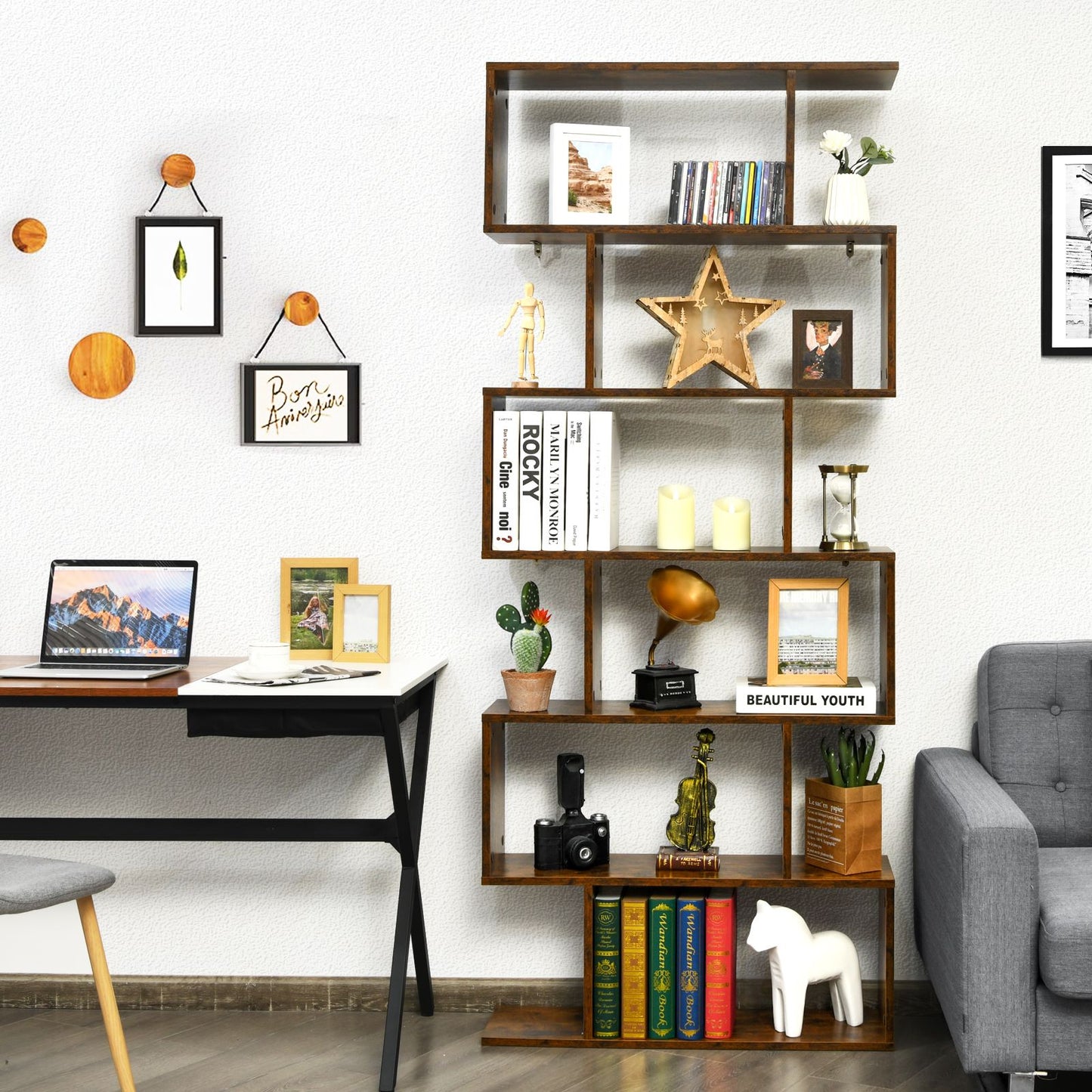 Stylish 6-Tier S-Shaped Wooden Industrial Bookshelf - Perfect for Home or Office Decor