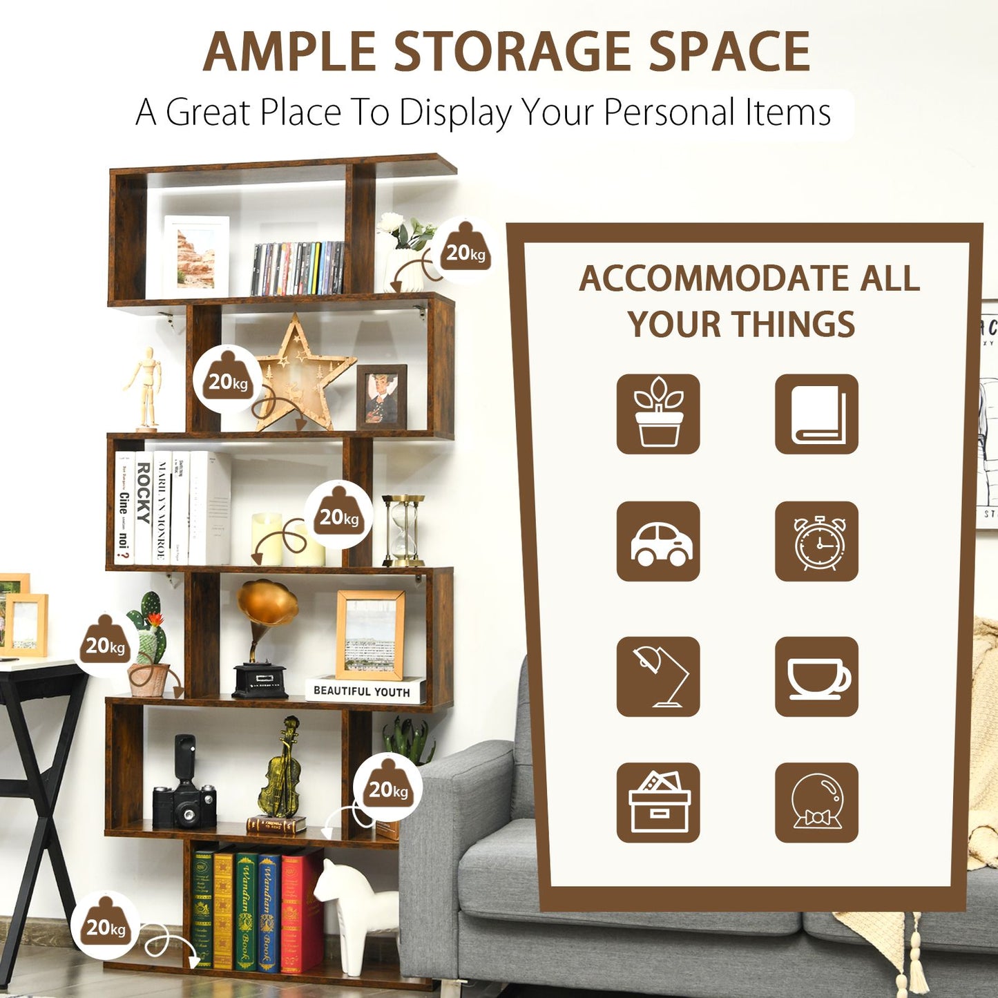 Stylish 6-Tier S-Shaped Wooden Industrial Bookshelf - Perfect for Home or Office Decor