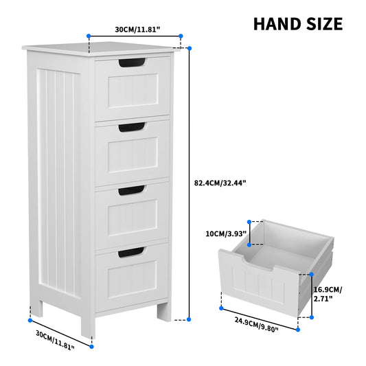 Sleek White Wooden Bathroom Storage Cabinet with 4 Drawers - Stylish Free-Standing Design (30 x 30 x 82 cm)