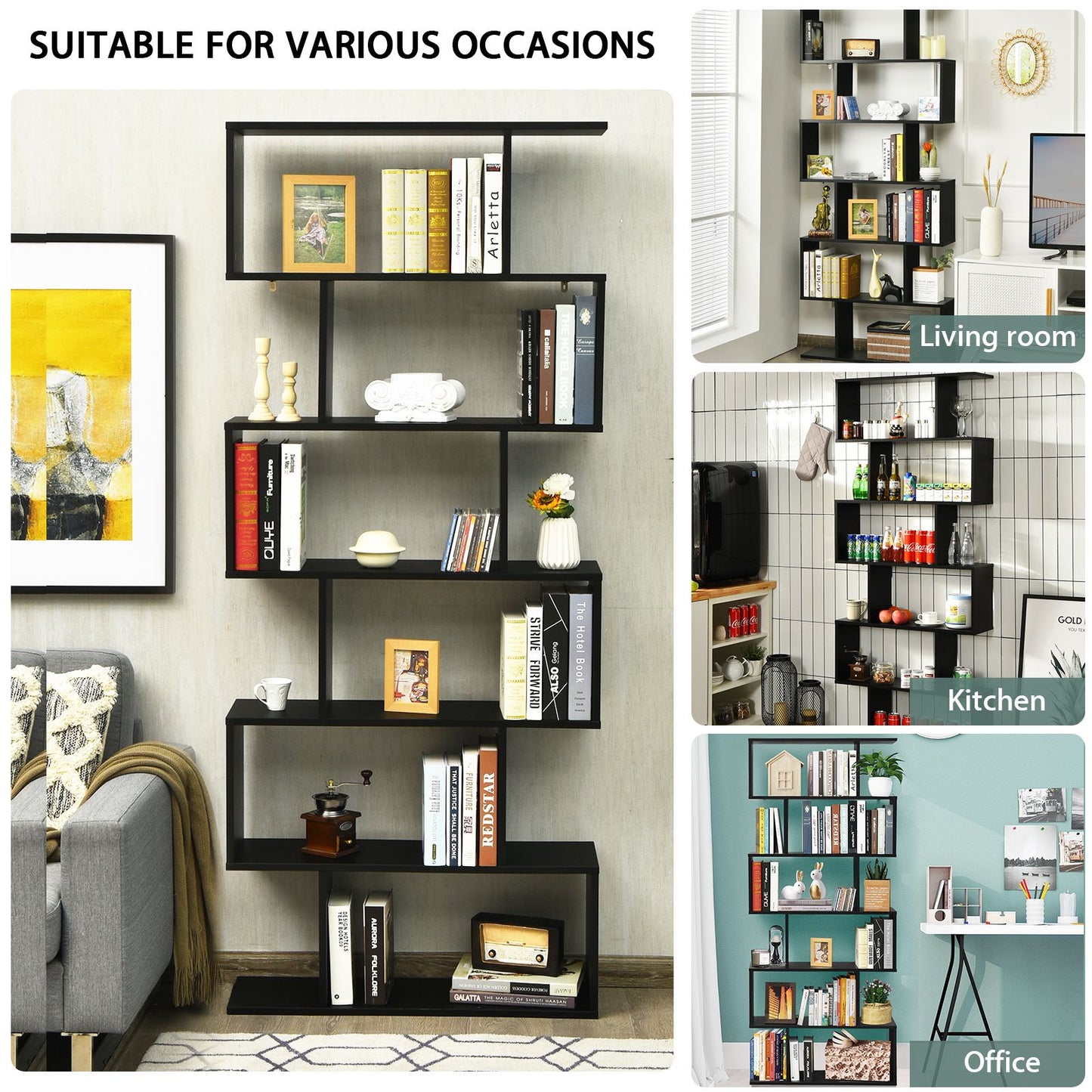 Stylish 6-Tier S-Shaped Wooden Industrial Bookshelf - Perfect for Home or Office Decor