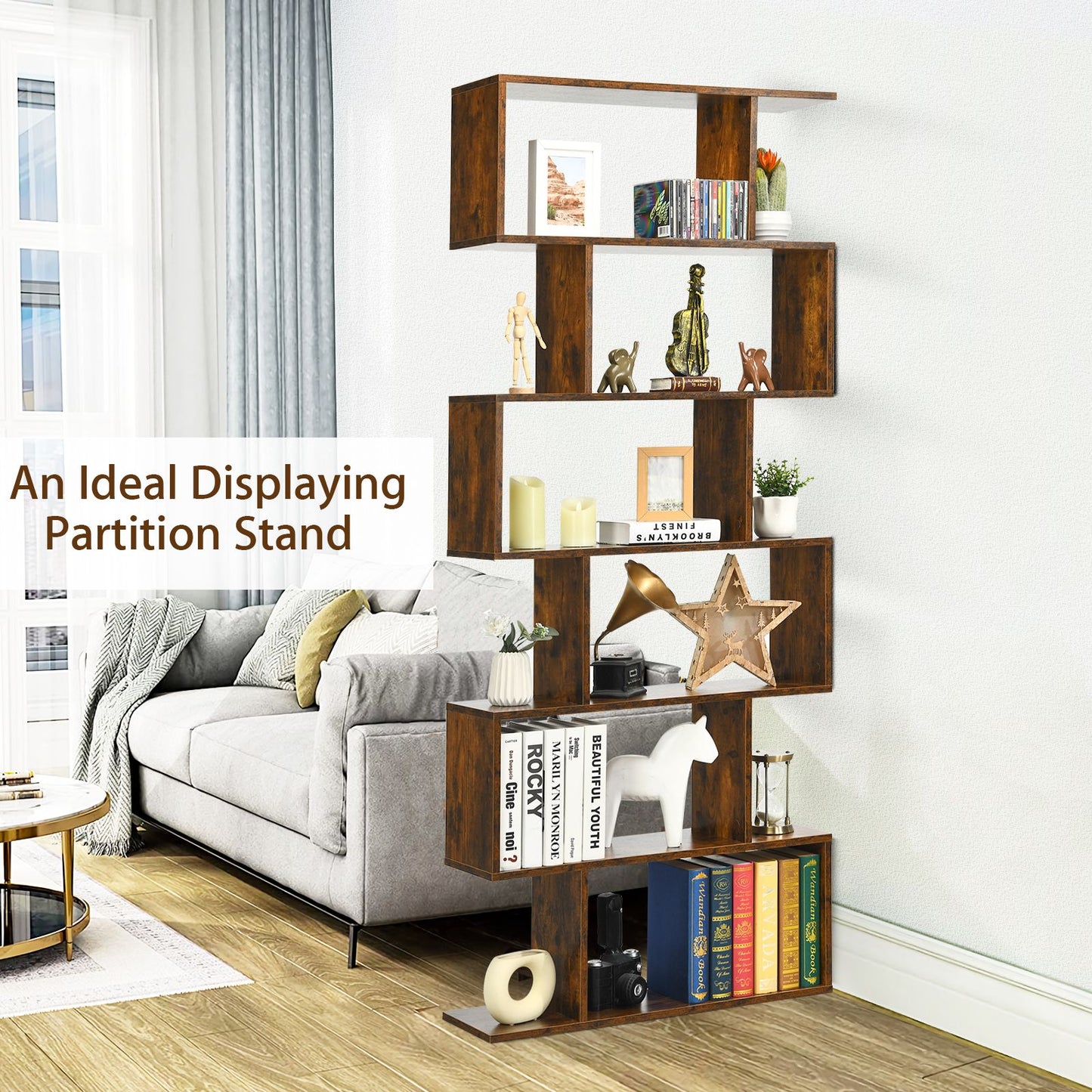 Stylish 6-Tier S-Shaped Wooden Industrial Bookshelf - Perfect for Home or Office Decor