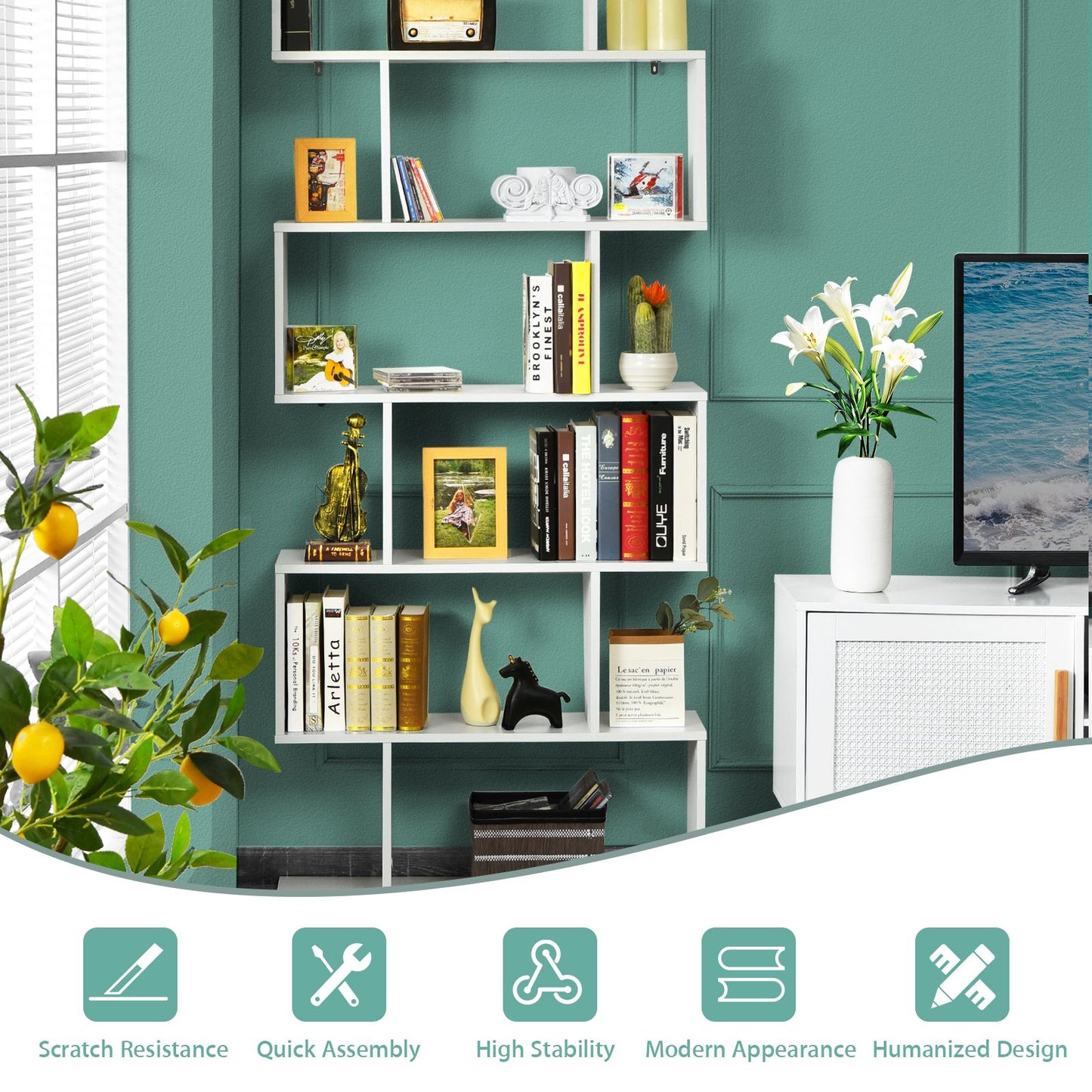 Stylish 6-Tier S-Shaped Wooden Industrial Bookshelf - Perfect for Home or Office Decor