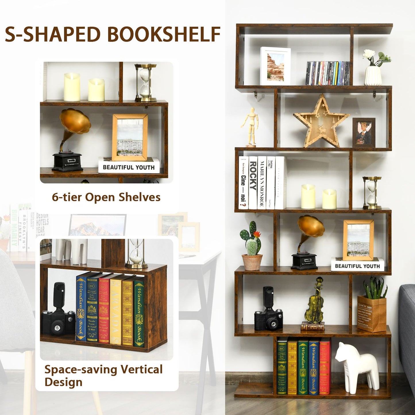 Stylish 6-Tier S-Shaped Wooden Industrial Bookshelf - Perfect for Home or Office Decor