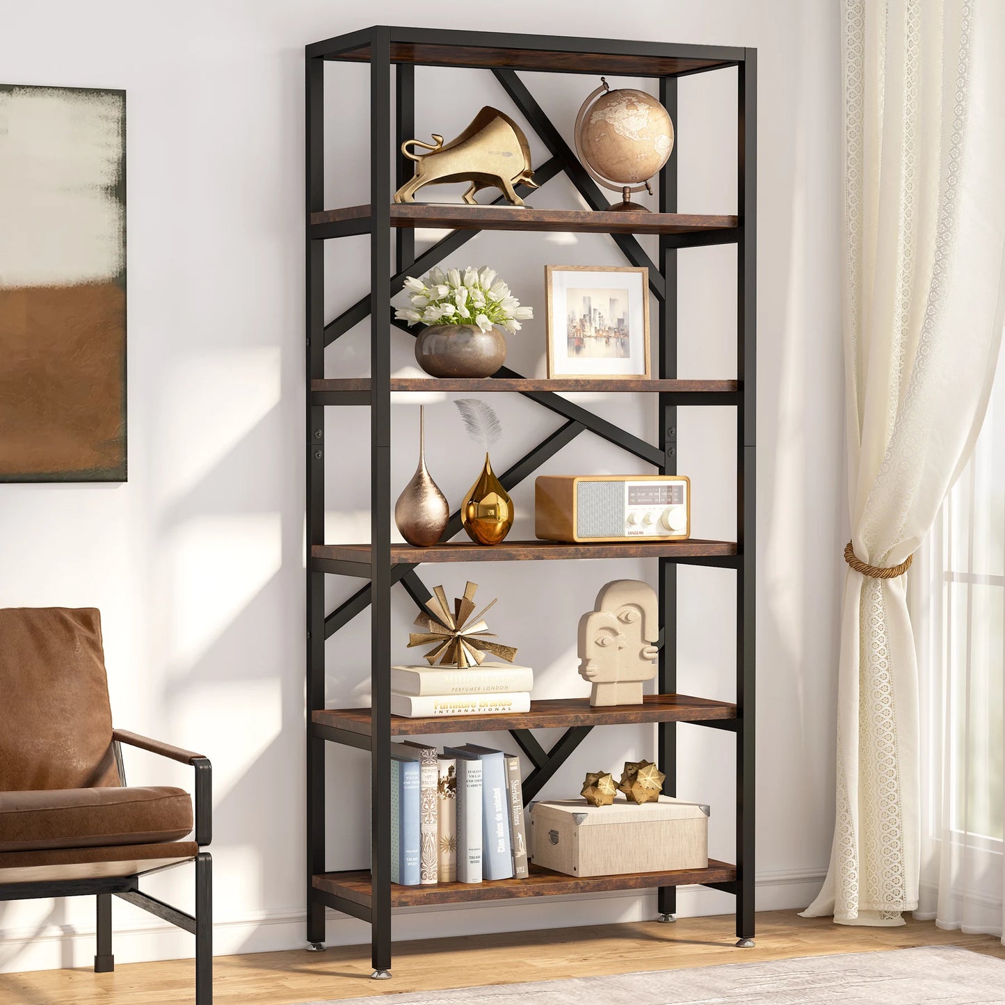 Stylish Industrial Tall Bookshelf - Wood & Metal Open Shelf Storage Unit