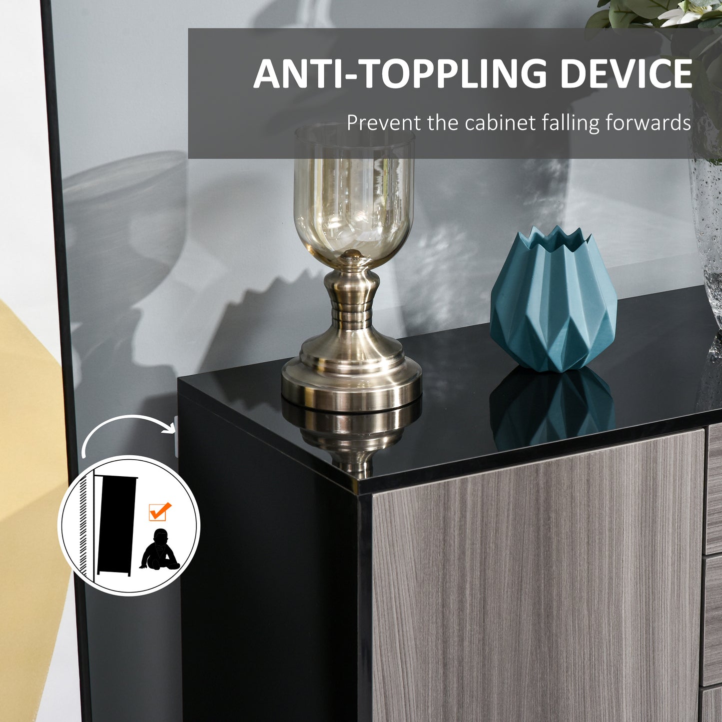 Elegant Dual-Finish Side Cabinet: 2 Doors + 2 Drawers for Stylish Organization