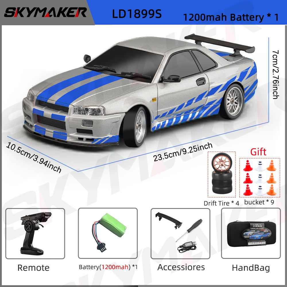 LD1899 1/18 Scale GTR R34 RC Drifting Car - High-Speed Alloy Body with Gyroscope & 2.4GHz RWD Remote Control Racing Vehicle