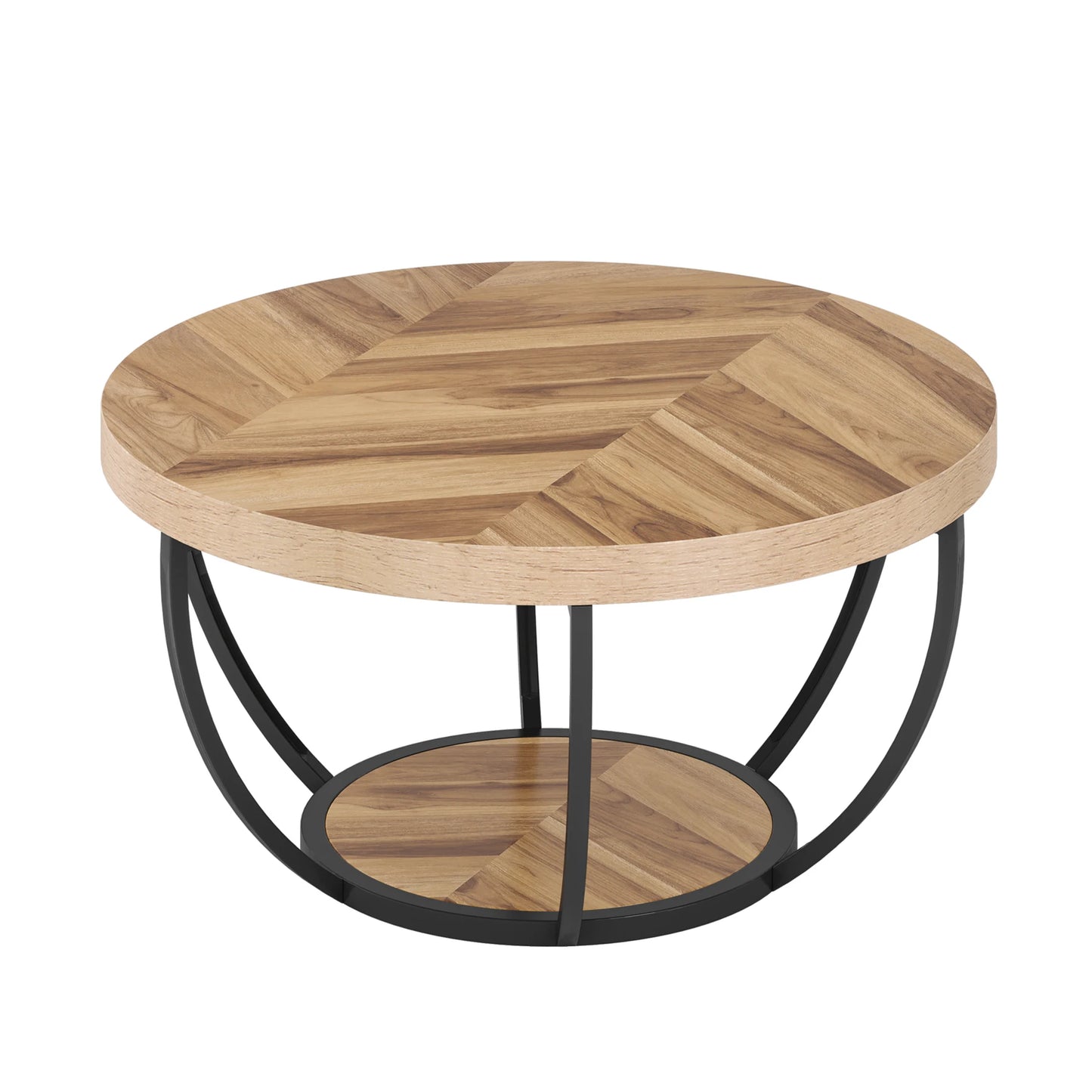 31.7" round Coffee Table, Industrial 2-Tier Circle Coffee Table with Storage Shelves, Modern Wooden Sofa Side Table