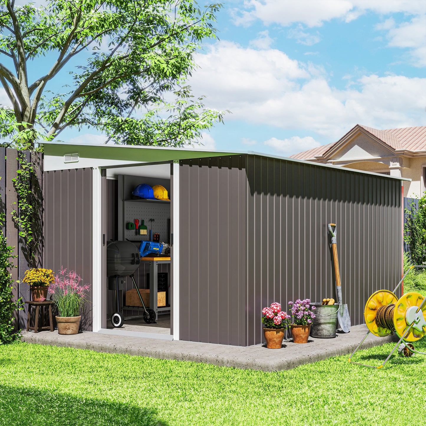 Outdoor 11.3x9.2ft Steel Garden Shed with Double Doors & Vents – Grey