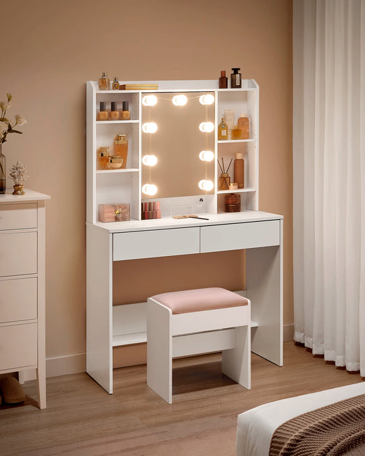 Dressing Table with LED Lights, 9 Bulbs, 3 Light Colours, Adjustable Brightness, Vanity Desk with Mirror,2 Drawers