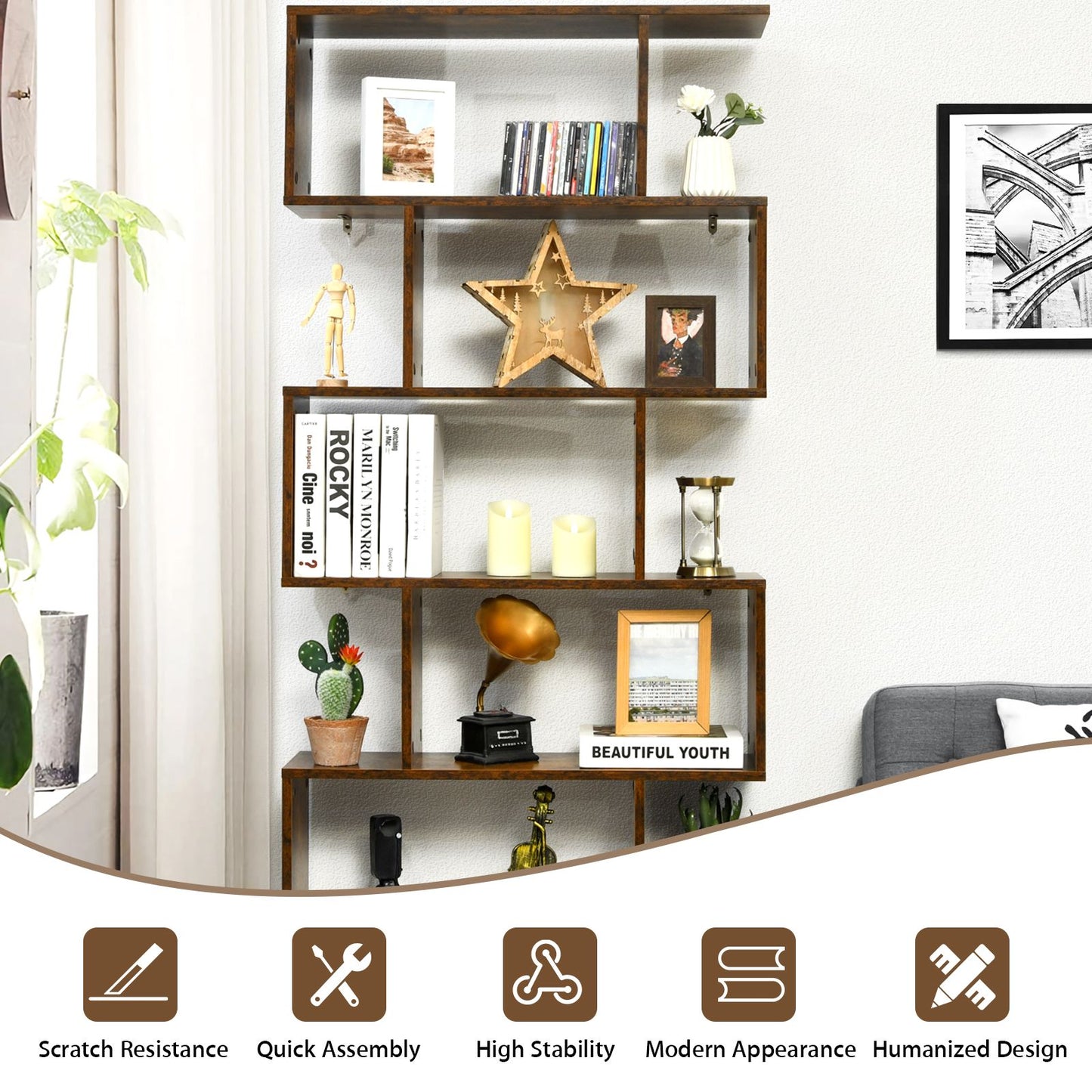 Stylish 6-Tier S-Shaped Wooden Industrial Bookshelf - Perfect for Home or Office Decor