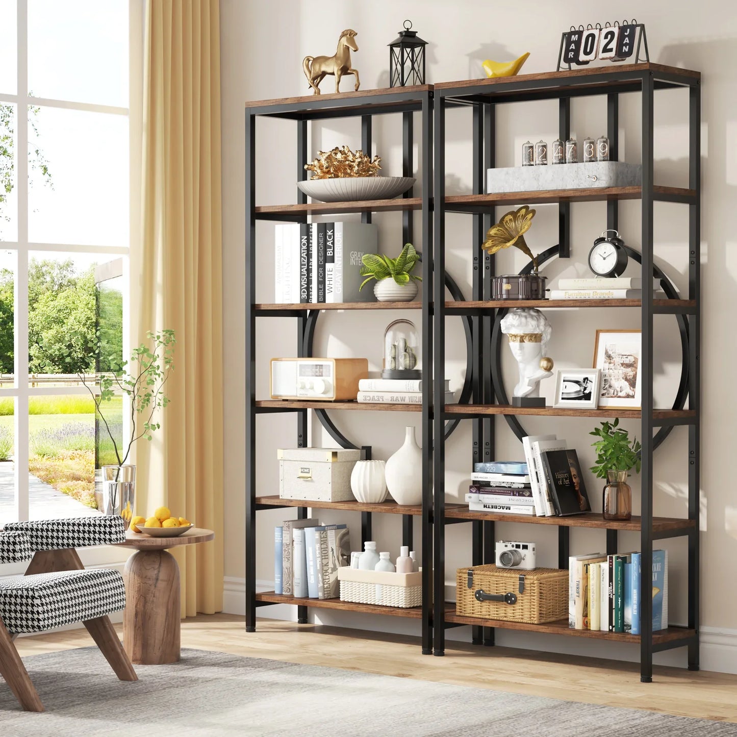 Stylish Industrial Tall Bookshelf - Wood & Metal Open Shelf Storage Unit