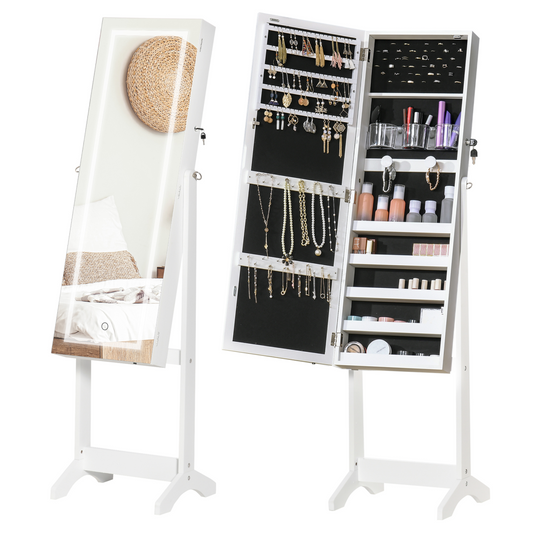 Illuminate & Organize: LED Mirrored Jewelry Cabinet with Lock & Ample Storage