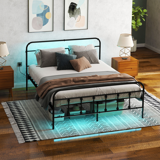 King Bed Frame with RGB LED Lights & Built-In Charging Station