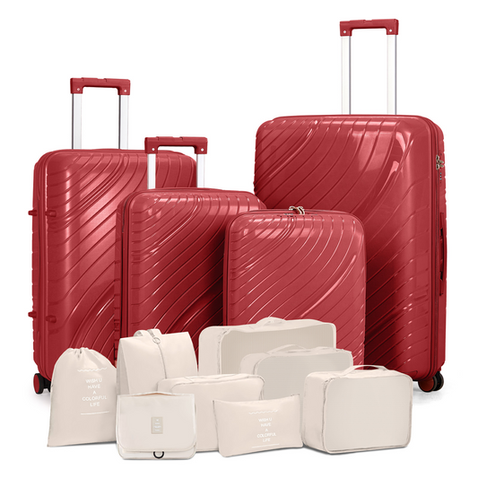 Versatile 4-Piece Red Luggage Set with Toiletry Kit & Stylish Handbags