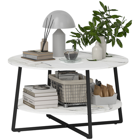 Elegant Round Coffee Table with Storage & Chic Marble Effect Top