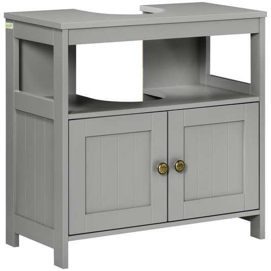 Stylish Grey Bathroom Pedestal Cabinet with U-Cut Storage & Shelves