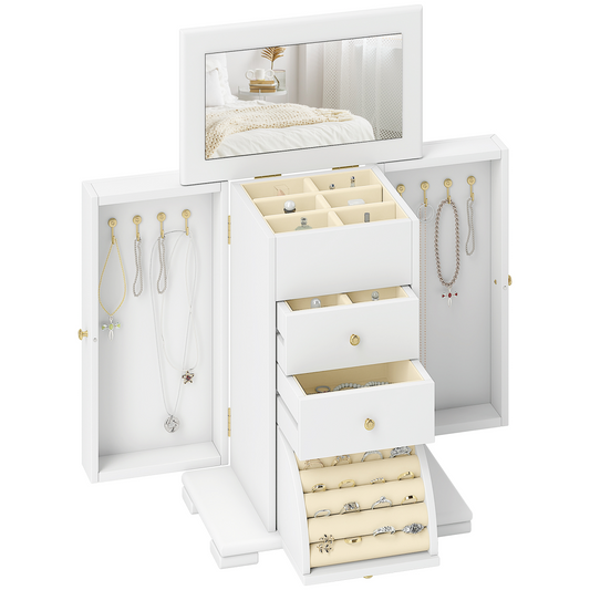 White jewelry organizer with mirror and drawers on a white background