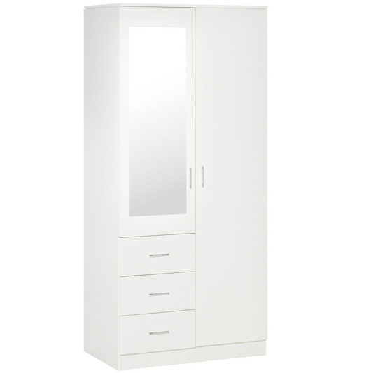 Elegant 2-Door White Wardrobe with Mirror, Adjustable Shelves & 3 Drawers