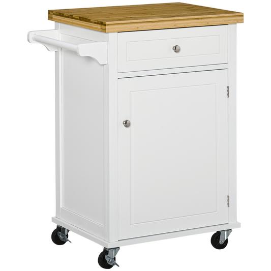 Elegant Rolling Kitchen Cart with Drawer & Towel Rail - Versatile White Design