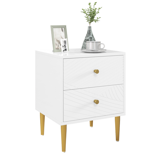 Chic White Nightstand with Gold Handles & Ample Drawer Storage