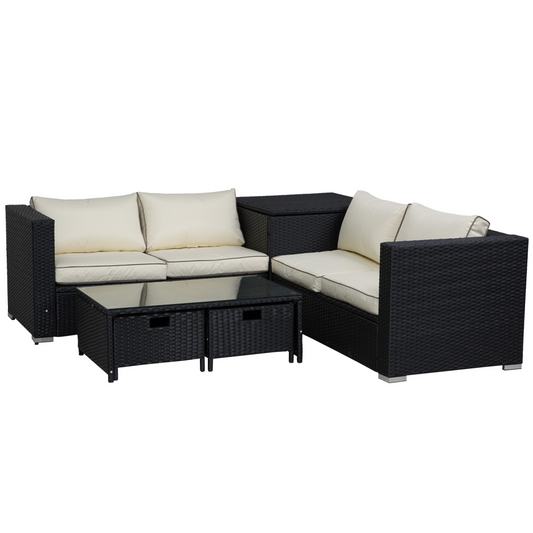 4-Seater Rattan Wicker Outdoor Sofa Set with Storage & Tables - Black