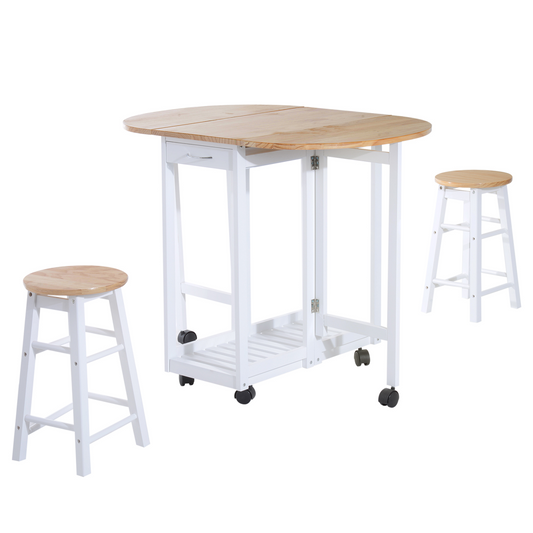 Versatile 3-Piece Wooden Kitchen Cart Set with Rolling Stools & Space-Saving Design