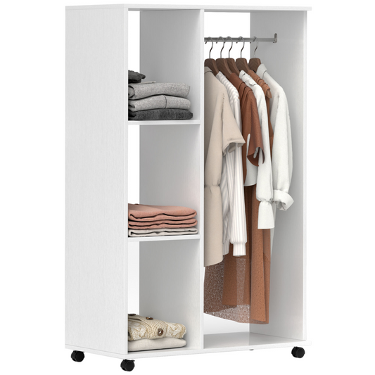 Versatile White Storage Wardrobe with Shelves & Wheels for Easy Organization