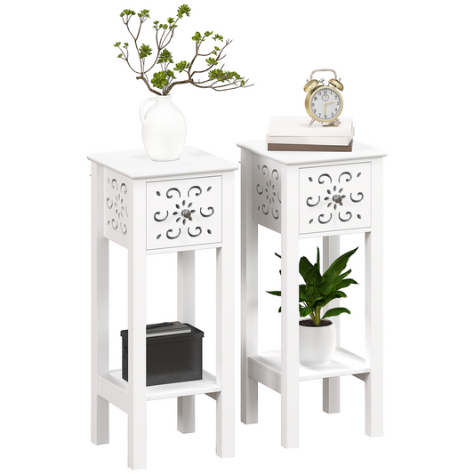 Elegant Floral Cut-Out Bedside Table Set with Drawer & Storage - White