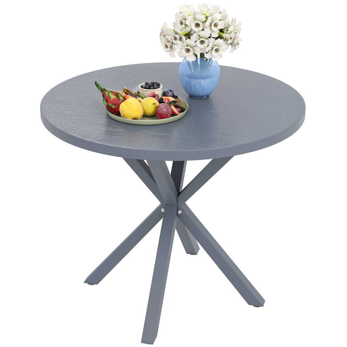 Round Garden Dining Table - Stylish Steel Frame & Wood-Effect Top