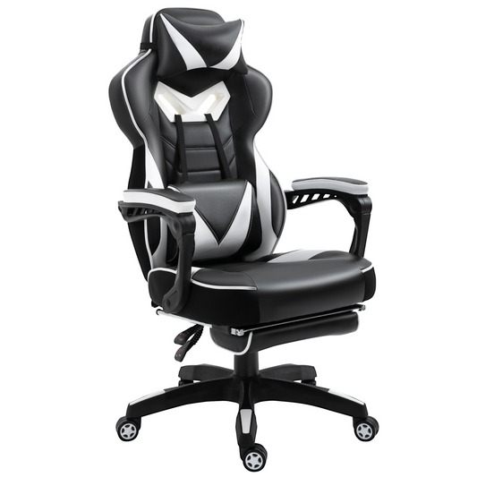 Ergonomic Gaming Chair with Reclining Footrest - Stylish White Office Comfort