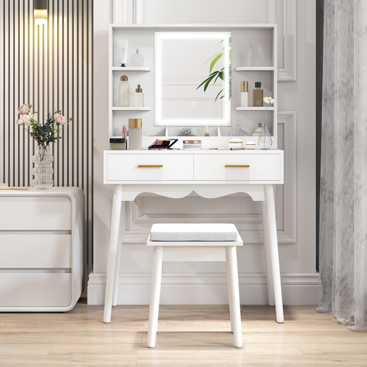 Elegant LED Lighted Dressing Table & Plush Stool - Stylish Vanity Set