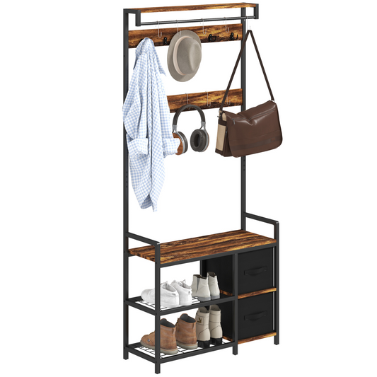 Stylish 4-in-1 Hall Tree: Coat Rack, Shoe Storage & Bench - Rustic Charm