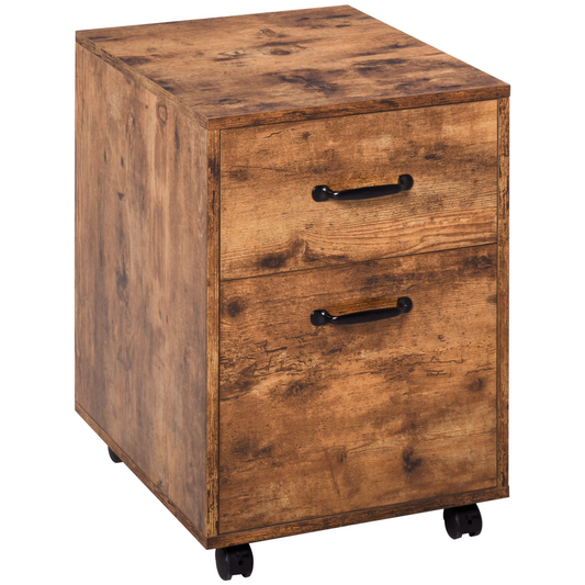 Vintage Wooden Roll File Cabinet with Dual Drawers & Smooth-Glide Wheels