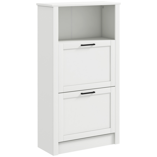 Slim White Shoe Cabinet - 2 Flip Drawers & Adjustable Shelves