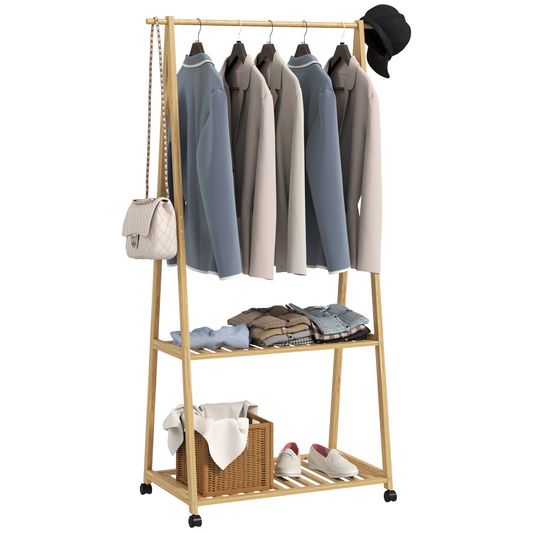 Stylish Bamboo Clothes Rack with Storage Shelves & Hooks - Natural Design