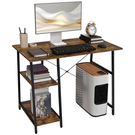 Rustic Industrial Computer Desk with Shelves & Sturdy Steel Frame