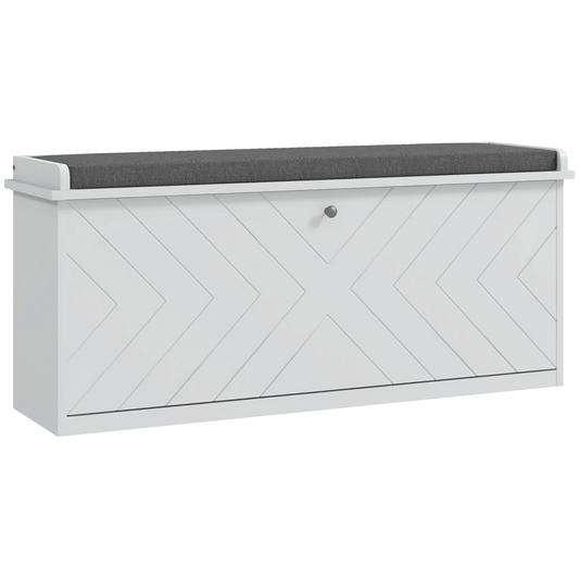 White Shoe Bench with Cushion & Flip Drawer - Holds 10 Pairs