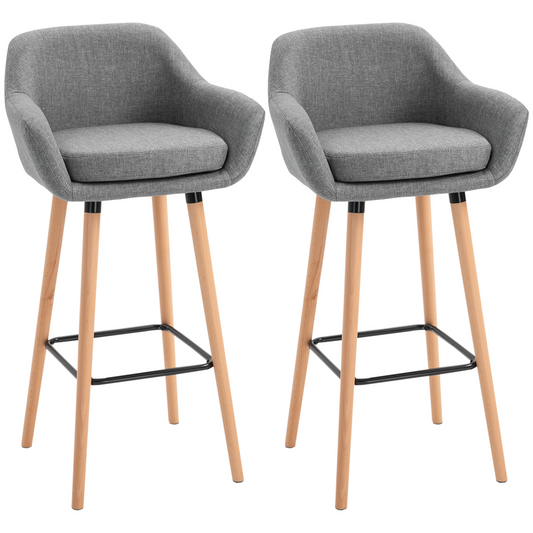 Modern Grey Upholstered Bucket Seat Bar Stools - Set of 2 with Solid Wood Legs