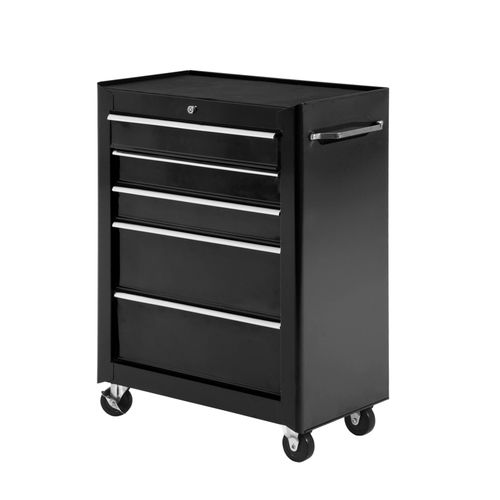 5-Drawer Lockable Steel Tool Storage Cabinet w/ Wheels Handle 2 Keys Black