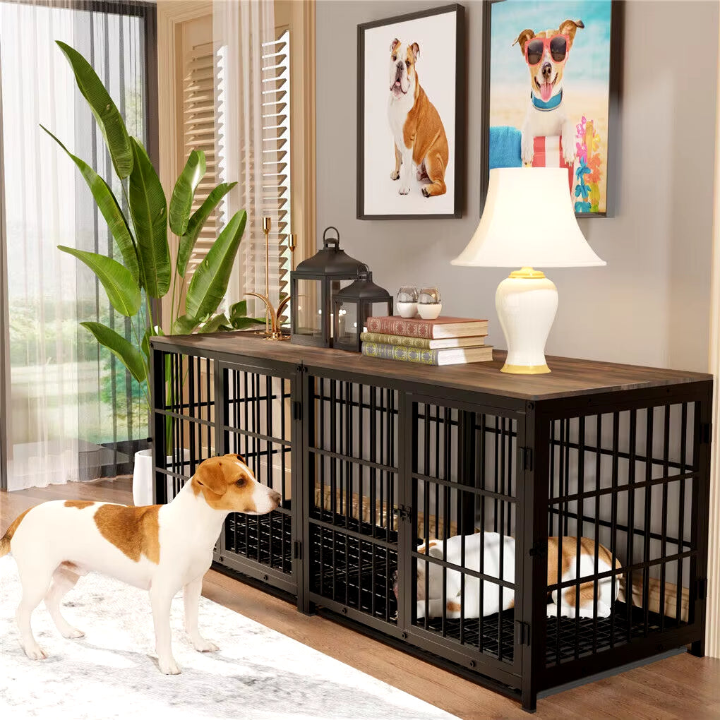 Stylish Heavy-Duty Metal & Wood Dog Kennel End Table with Three Doors and Removable Tray