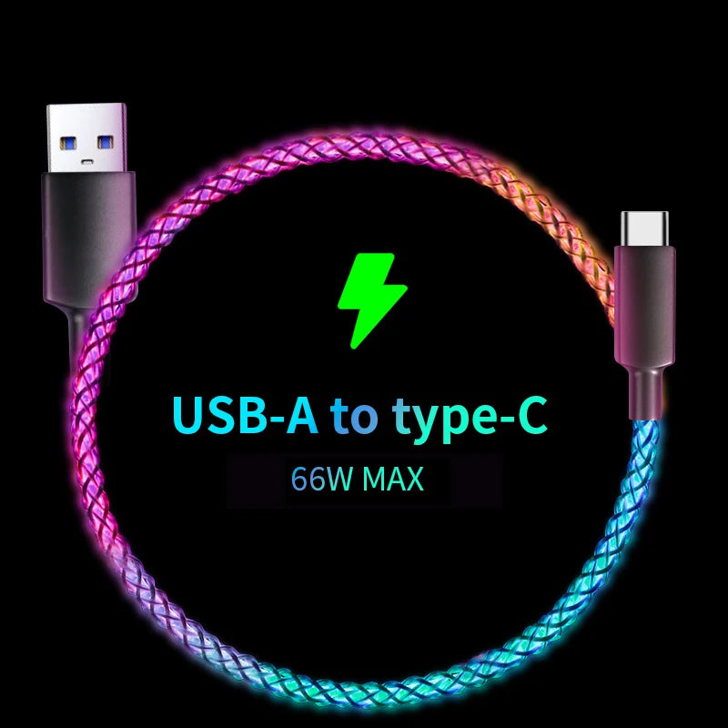 Fast Charging RGB Cable 100W Breathing Light 66W Type C USB C Data Cable f