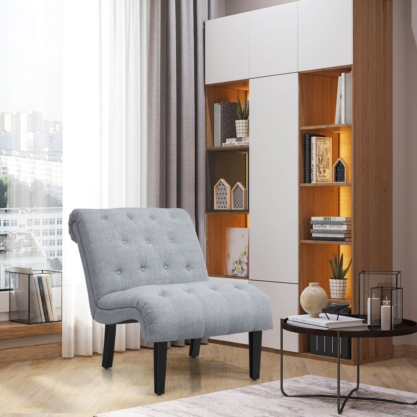Modern Upholstered Accent Chair with Button Tufted Linen Fabric