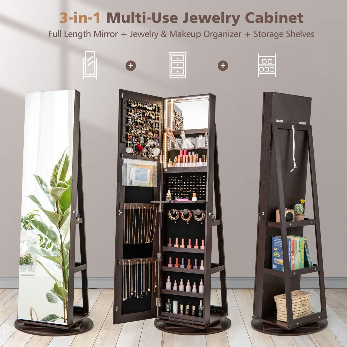 360-Degree Mirrored Jewelry Armoire with 3-Color Auto-On LED Lights