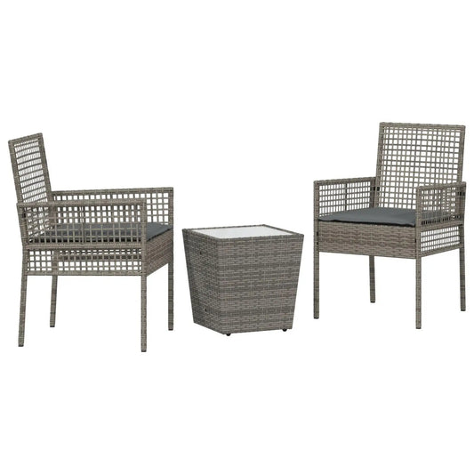 3-Piece Grey Poly Rattan Garden Bistro Set with Cushions for Outdoor Use