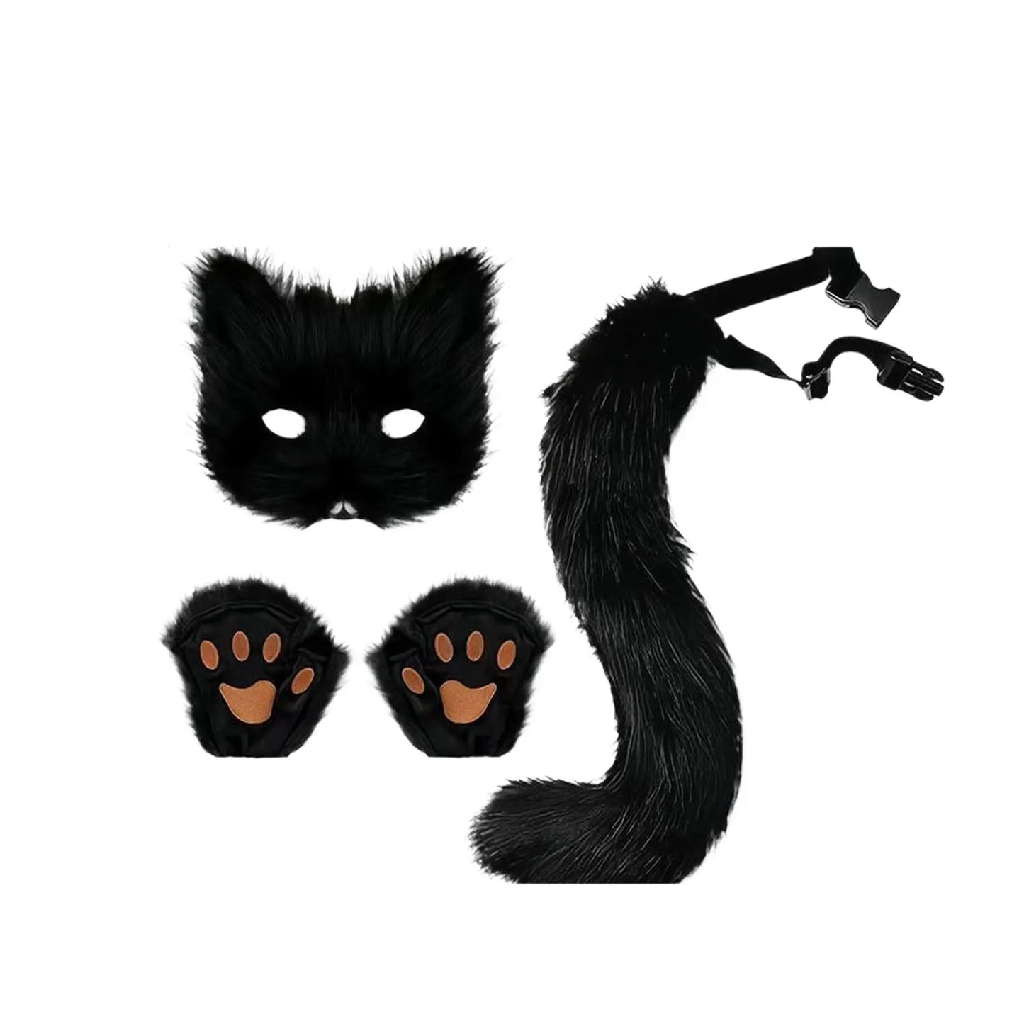 Simulated Costume Halloween Set with Plush Gloves Mask and Tail Prop Furry Tail Can Be Placed
