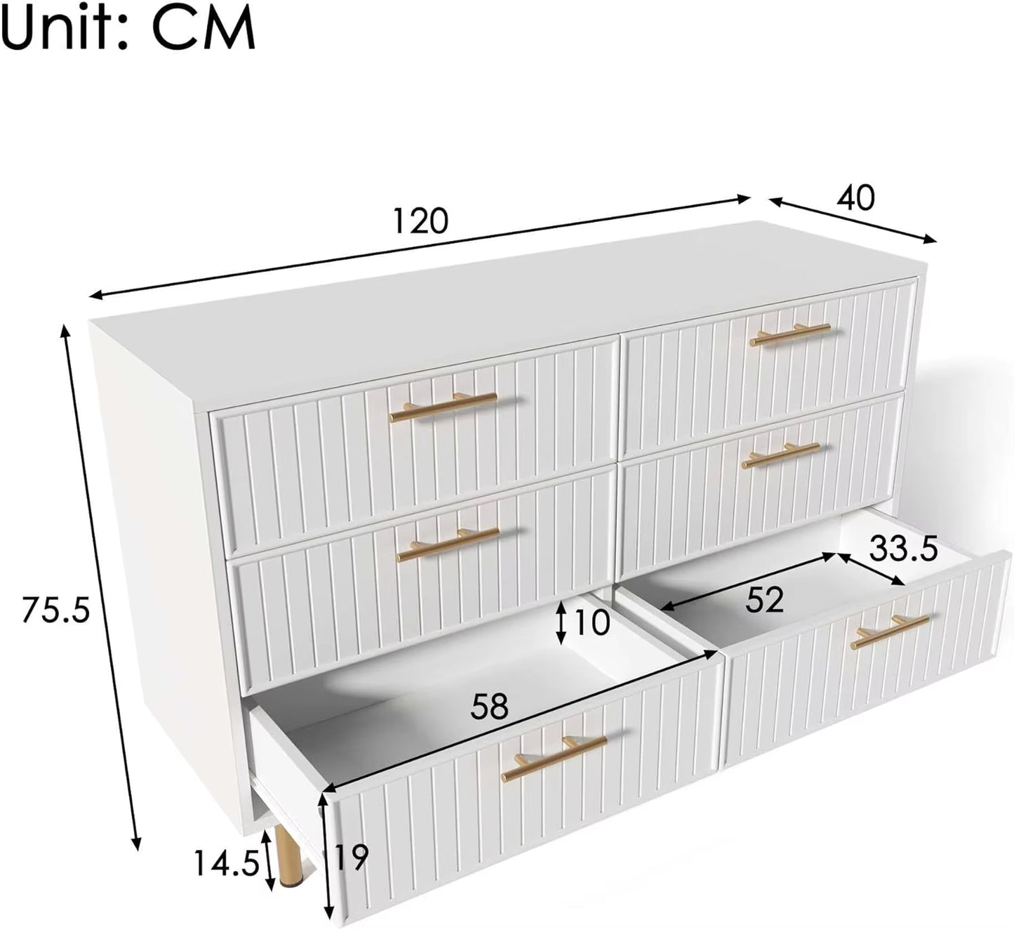 Sideboard Cabinet for Living Room Chest of Drawers with 6 Drawers 40D X 120W X 75H CM (White)