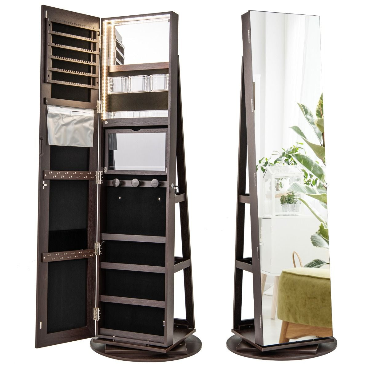 360-Degree Mirrored Jewelry Armoire with 3-Color Auto-On LED Lights