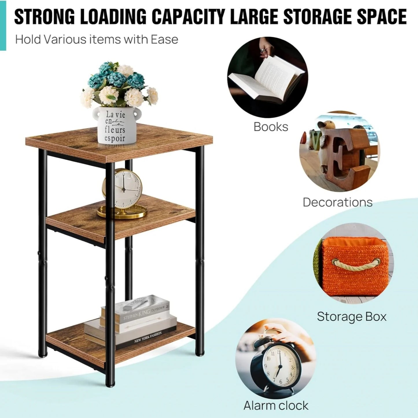 BRIEFNESS Side Table with Shelf 3 Tier Slim End Table Narrow Side Table Coffee Table Nightstand Living Room Table Brown