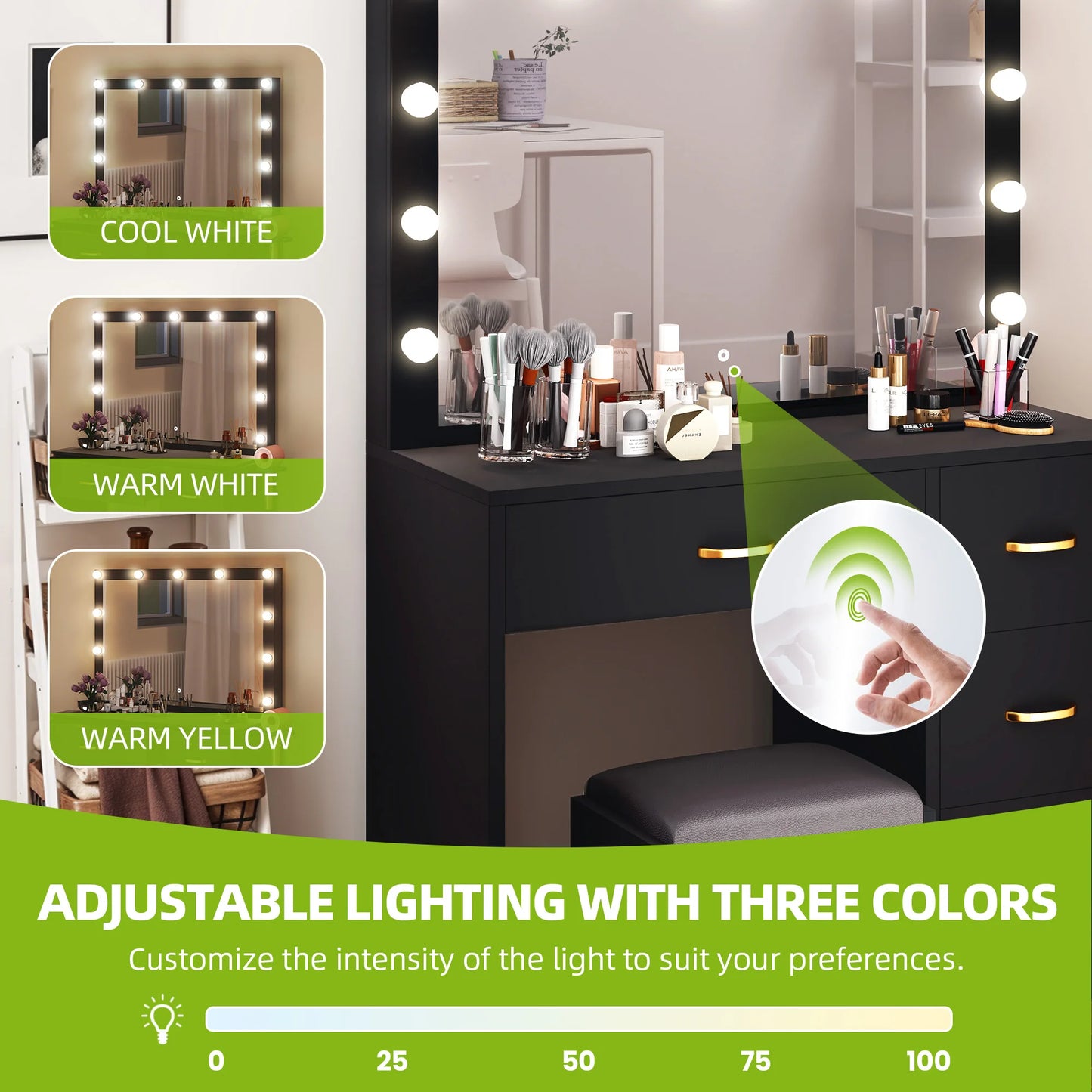 Black Dressing Table - LED Vanity Desk with Adjustable Mirror, 4 Drawers & Power Outlet, 90X40X136Cm