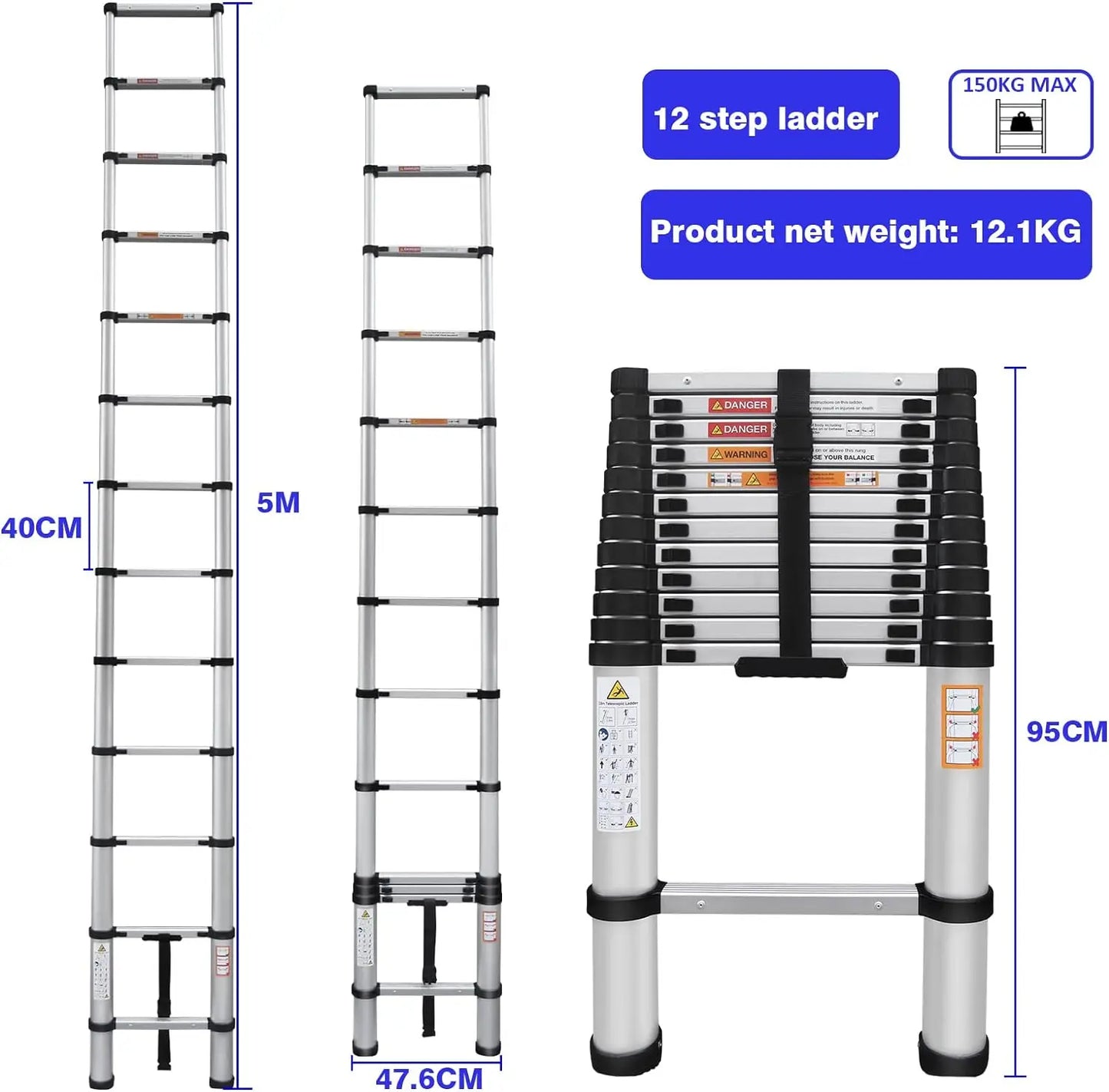 Telescopic Aluminium 2.6M-5M Folding Step Ladder,Multi-Purpose,Non-Slip,Extendible,Rungs,Lightweight,150Kg Load Capacity